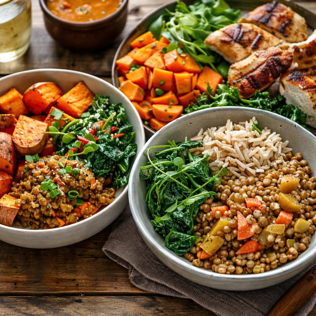 Healthy budget-friendly anti-inflammatory dinner plate with vegetables and grains.