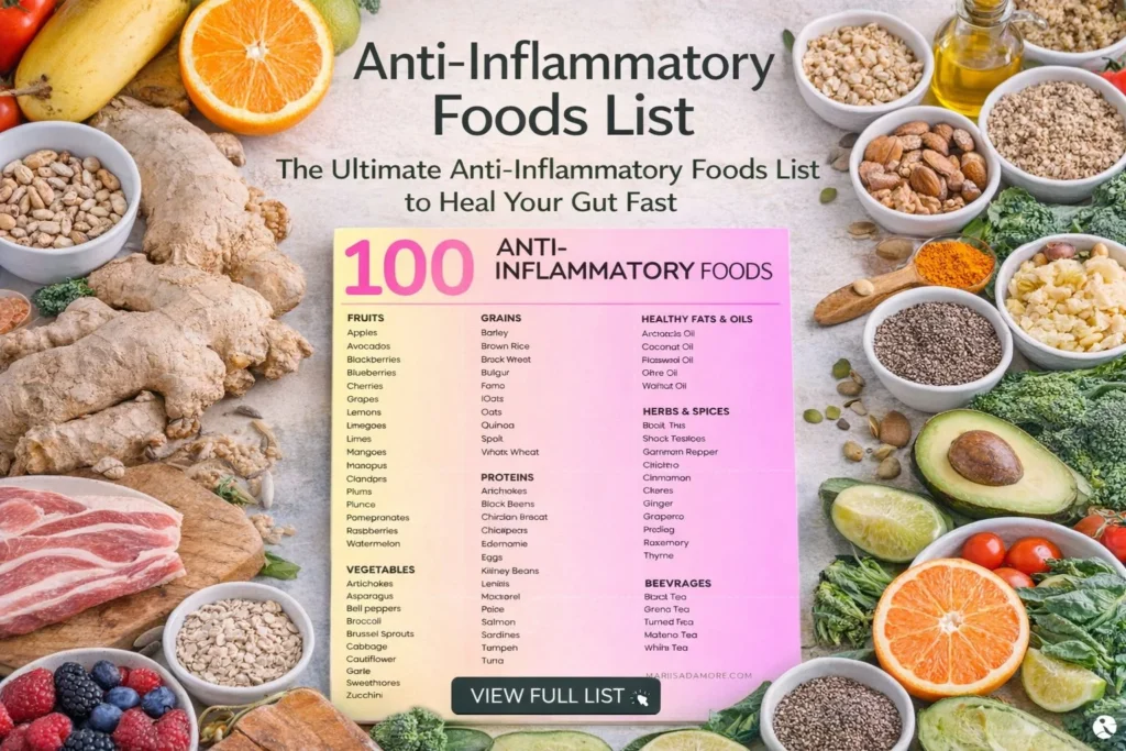A colorful array of anti-inflammatory foods including berries, leafy greens, and nuts.