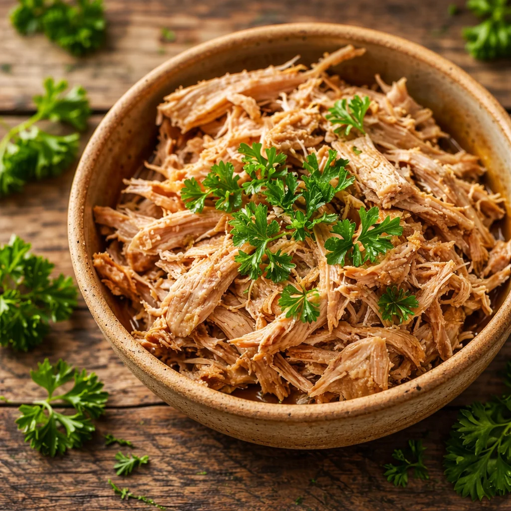 Bowl of shredded anti-inflammatory chicken soup with colorful vegetables and spices.
