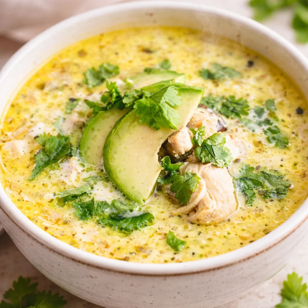 Bowl of creamy White Chicken Chili (AIP, Paleo) with sweet potatoes and herbs.