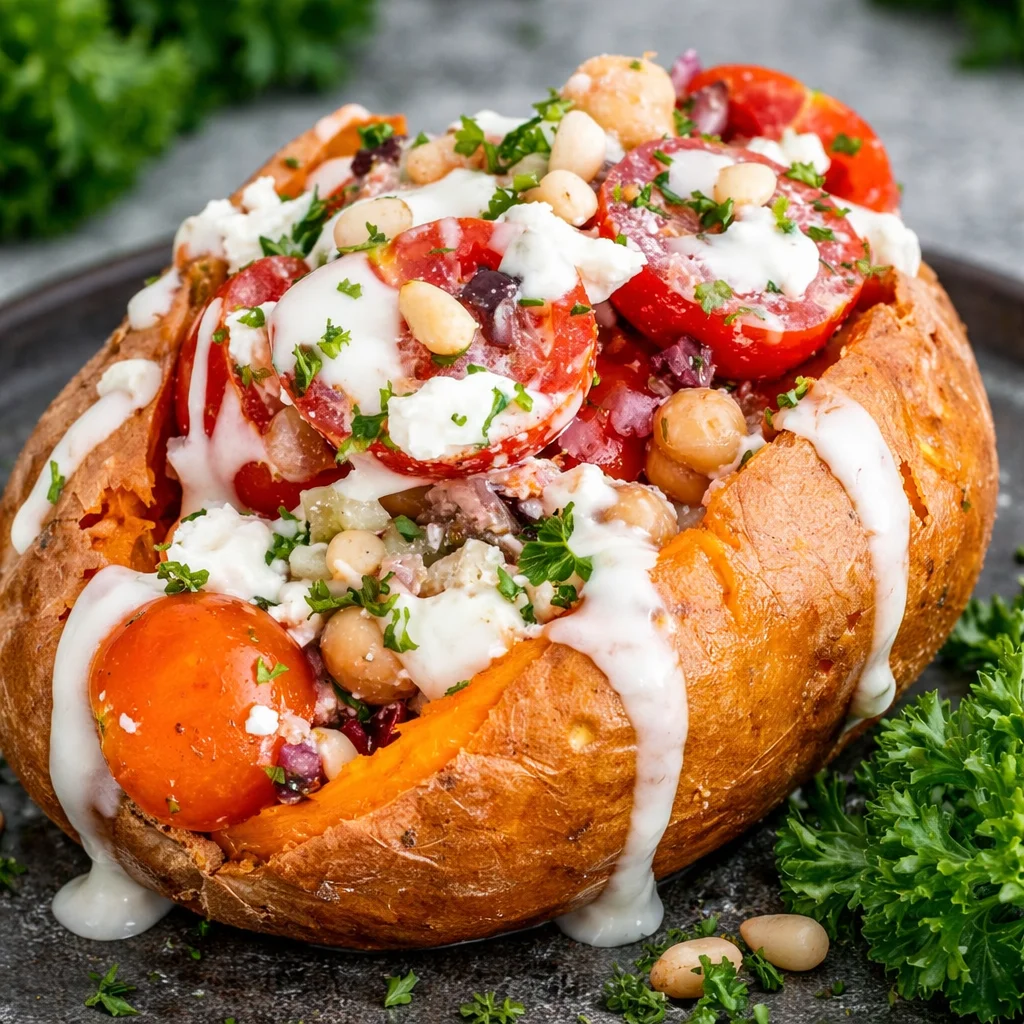 Delicious stuffed sweet potatoes topped with fresh ingredients and savory flavors.