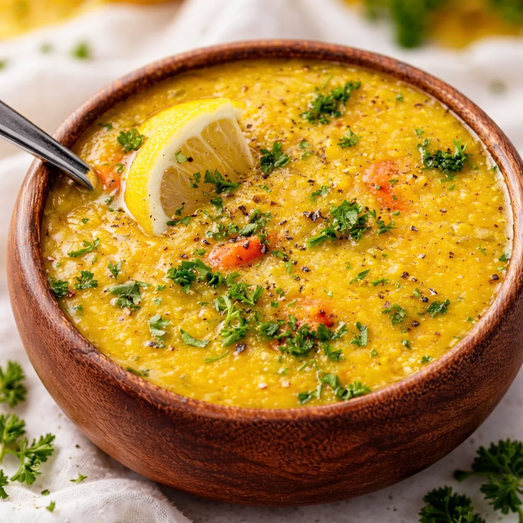 Bowl of Lemon Lentil Soup with vibrant colors and fresh ingredients.