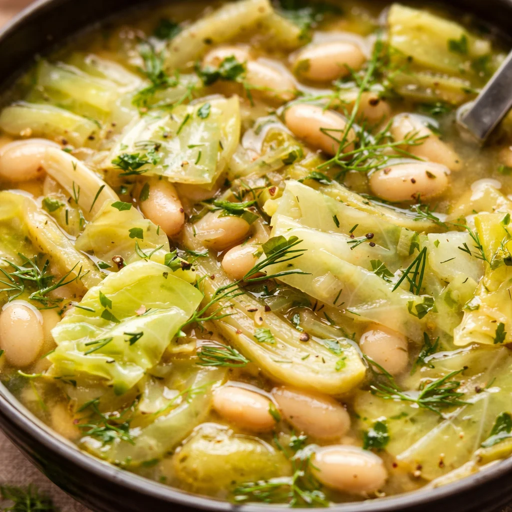 Bowl of Lemon Dill Cabbage Soup garnished with fresh dill and beans.