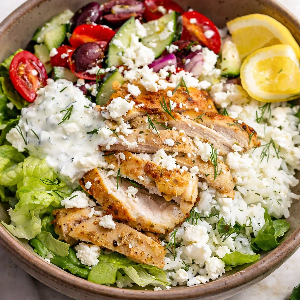 Greek Chicken Bowls with veggies, tzatziki sauce, and lemon rice for healthy meal prep.
