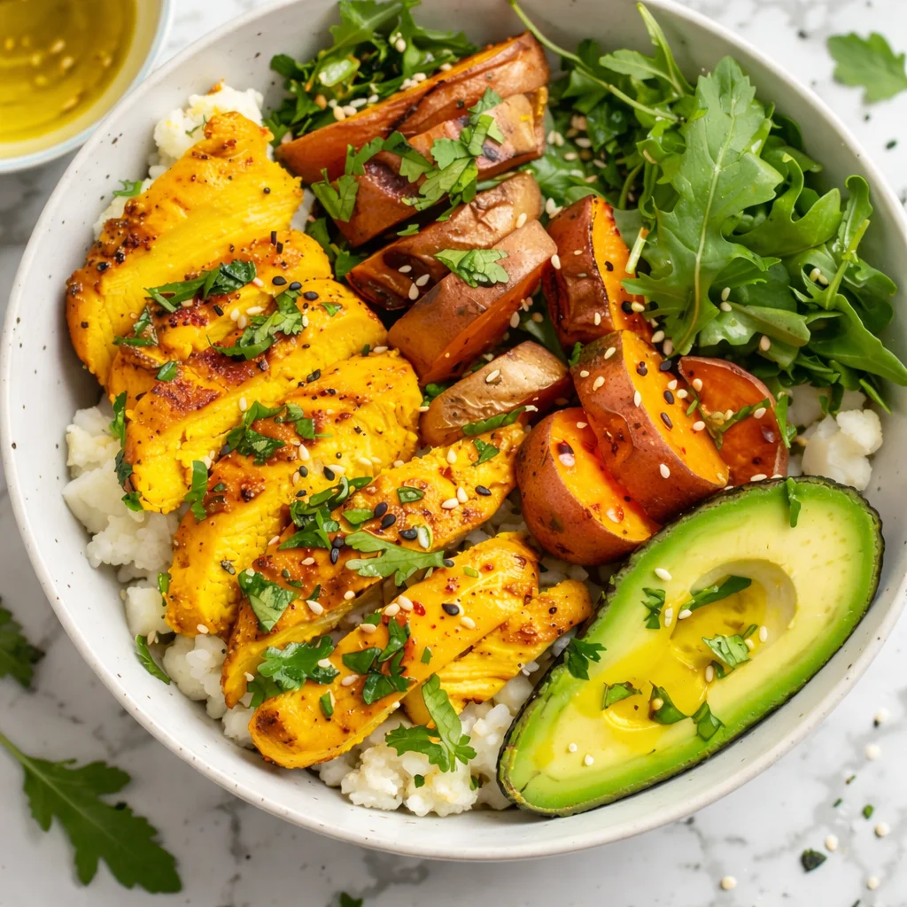 Anti-inflammatory chicken meal prep with turmeric, veggies, and spices for healthy eating.