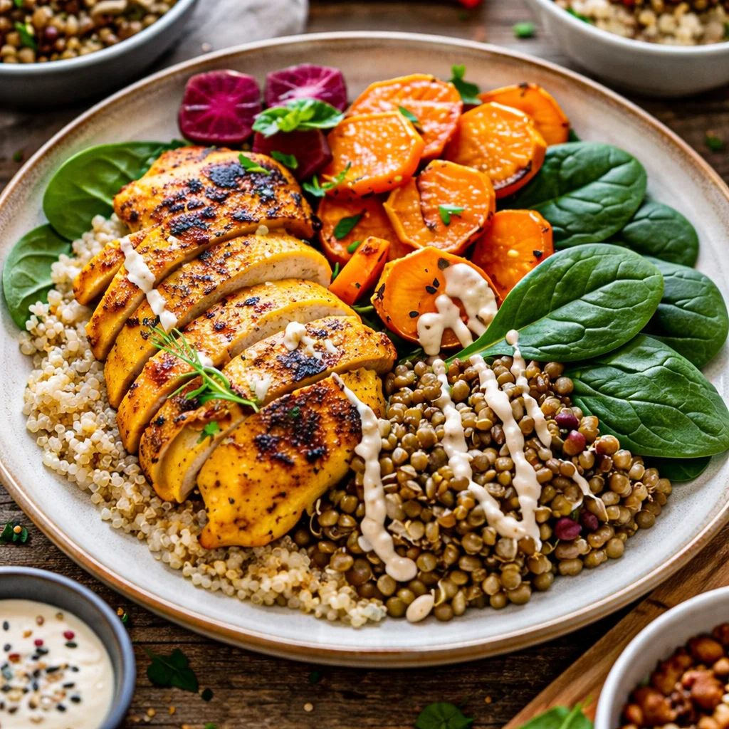 Healthy gluten free anti inflammatory dinner featuring fresh vegetables and lean protein.