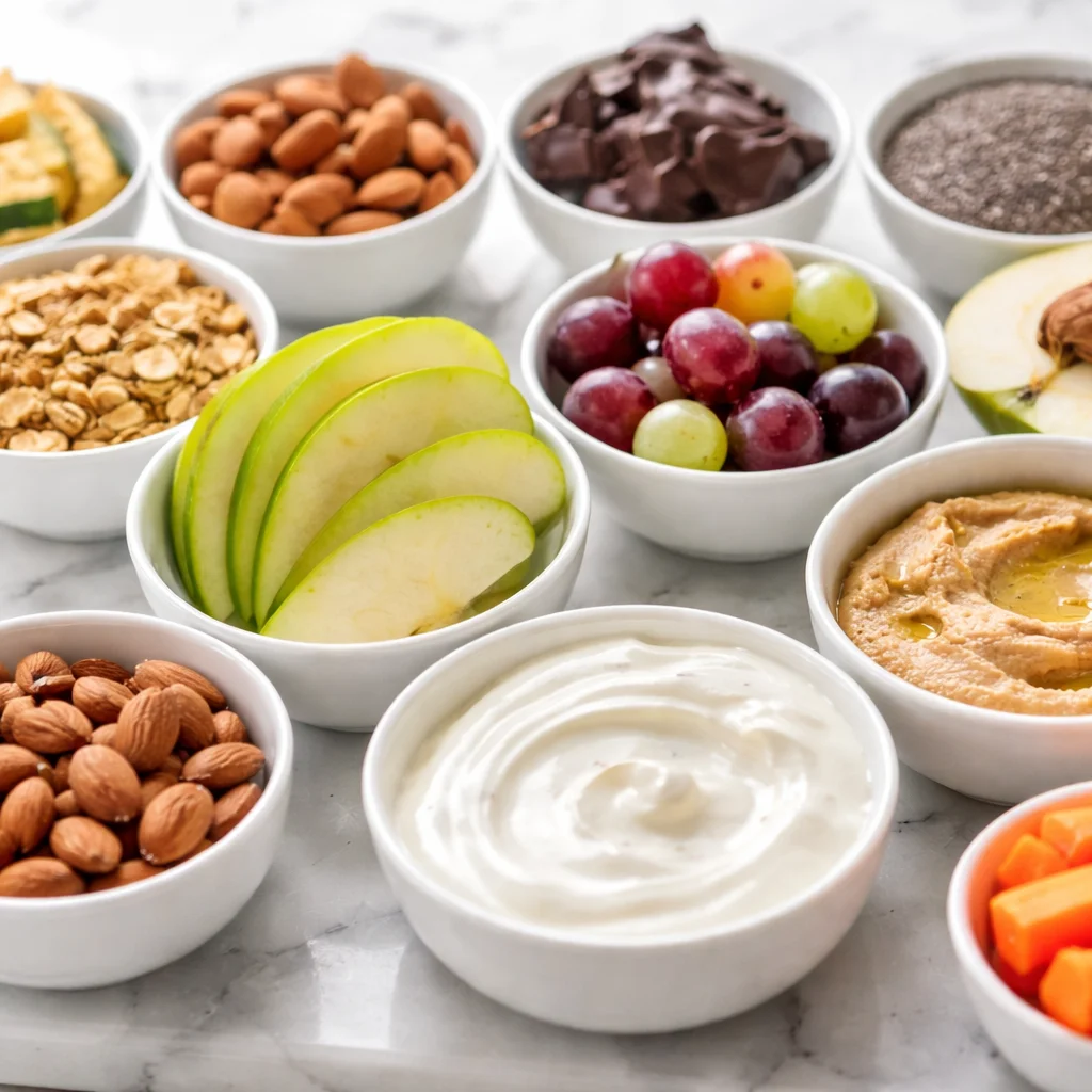 A variety of colorful gut friendly snacks including fruits, nuts, and yogurt.