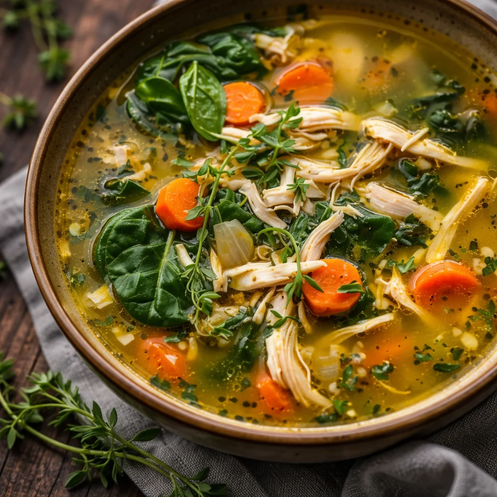 Bowl of gut healing soup prepared with bone broth and fresh vegetables.
