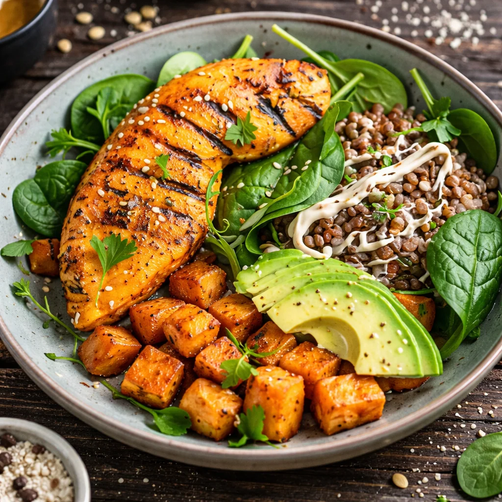 High protein anti-inflammatory dinner featuring nutritious ingredients for healthy eating.