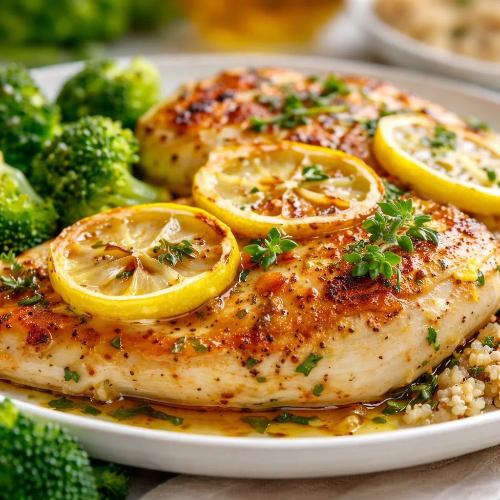 Delicious lemon garlic anti-inflammatory chicken garnished with fresh herbs.