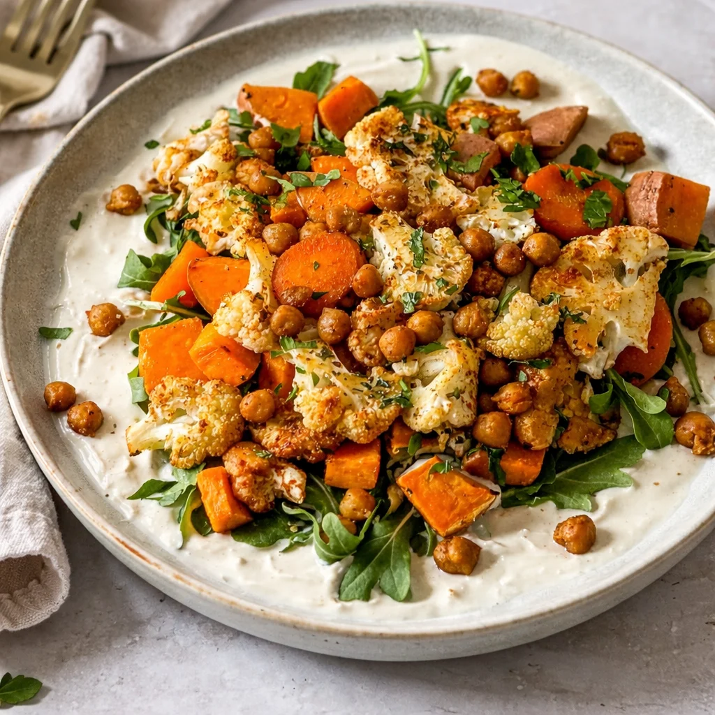 Nourishing Anti-Inflammatory Glow Bowl with roasted vegetables and tahini yogurt sauce