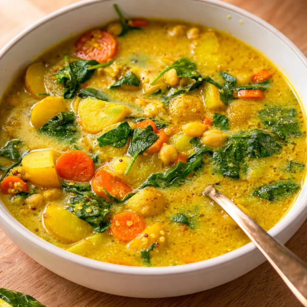 Bowl of Anti-Inflammatory Golden Detox Soup with turmeric and fresh vegetables