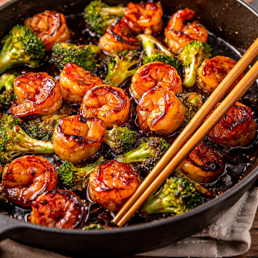 Delicious Honey Garlic Shrimp garnished and served over rice with vegetables.