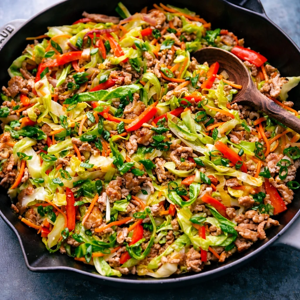 Egg Roll In A Bowl Salad with vibrant vegetables and seasonings in a skillet
