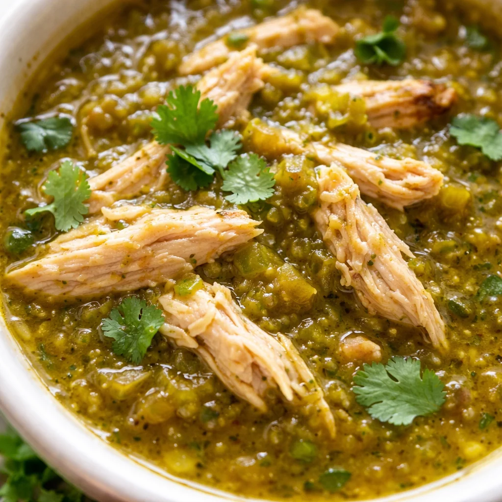 Delicious Chicken Chile Verde stew with tomatillos, jalapeños, and peppers.