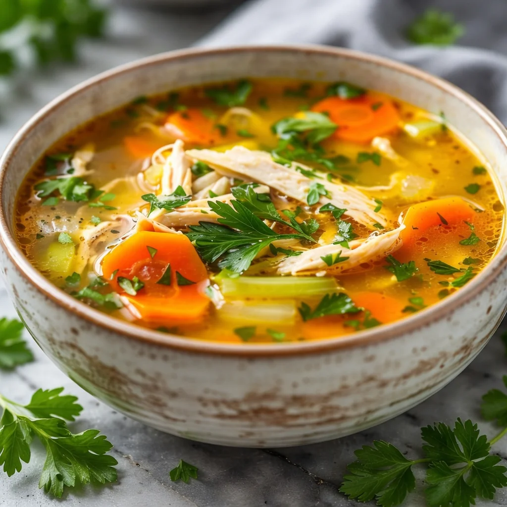 Bowl of anti inflammatory chicken soup packed with vegetables and herbs.