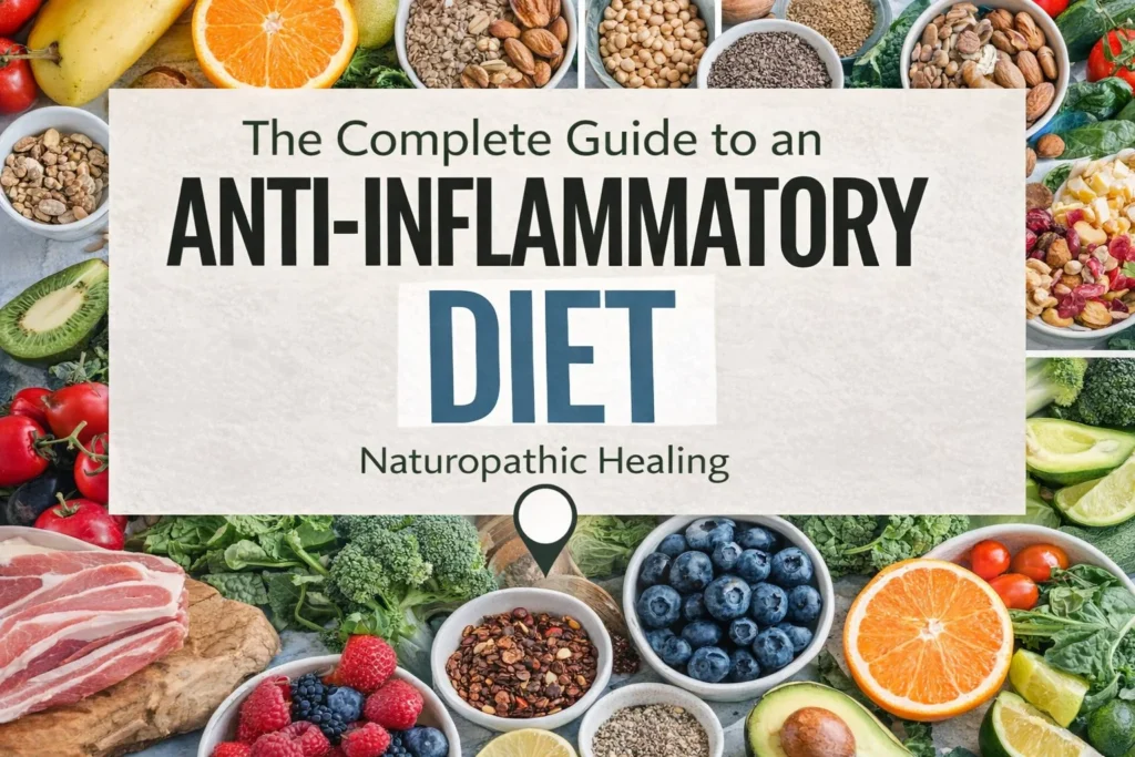 Illustration of an anti-inflammatory diet with healthy foods and herbs for wellness.