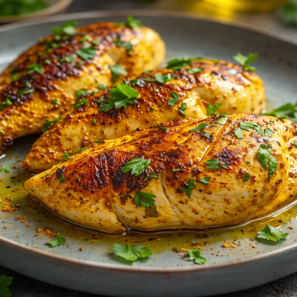 Turmeric anti inflammatory chicken cooked in a skillet with fresh herbs