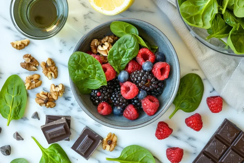 Cortisol reducing foods displayed on a table to promote stress relief and gut health.