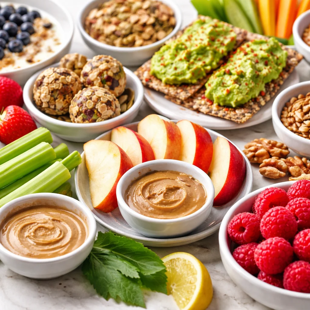 A variety of colorful anti inflammatory snacks including hummus, berries, and nuts.