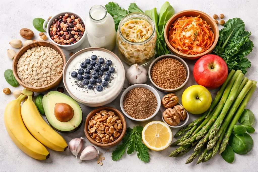A variety of gut microbiome foods promoting gut health and diversity