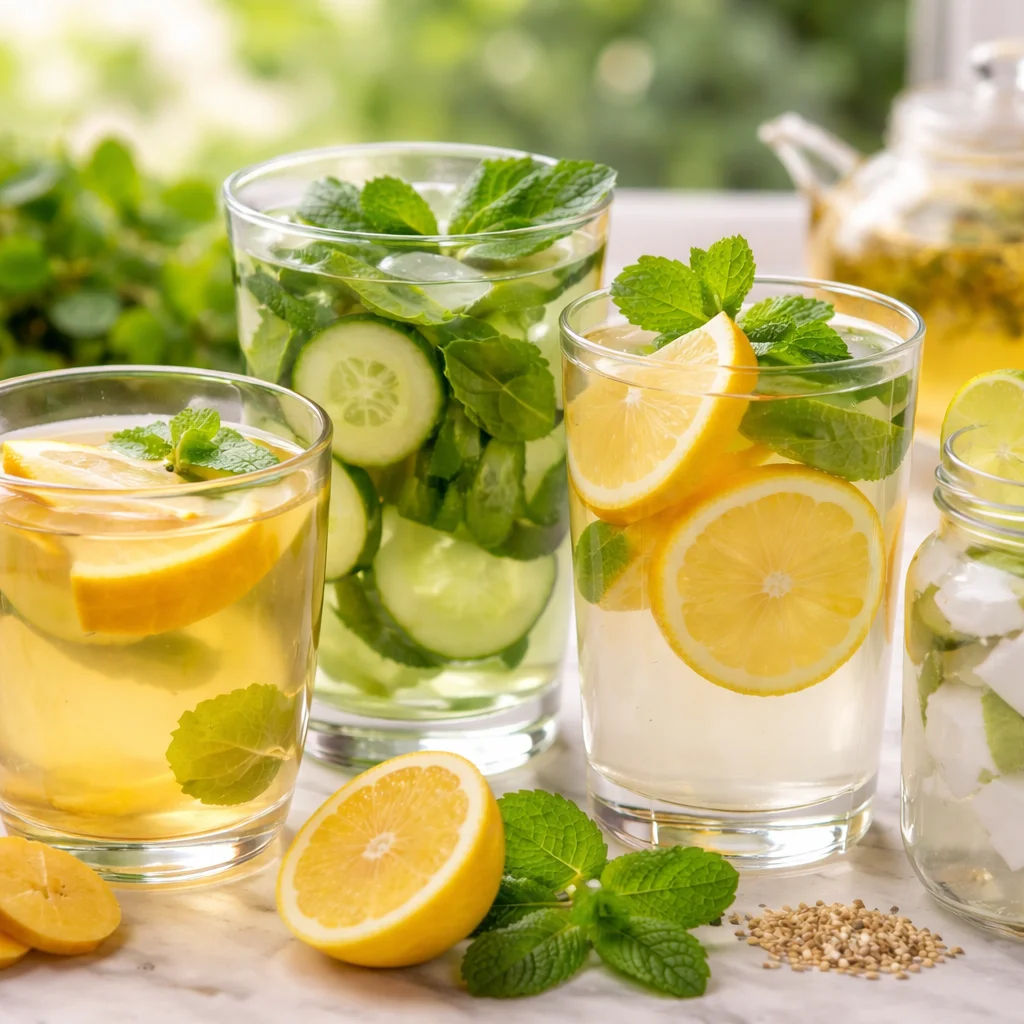 A selection of drinks that reduce bloating including ginger and peppermint tea.