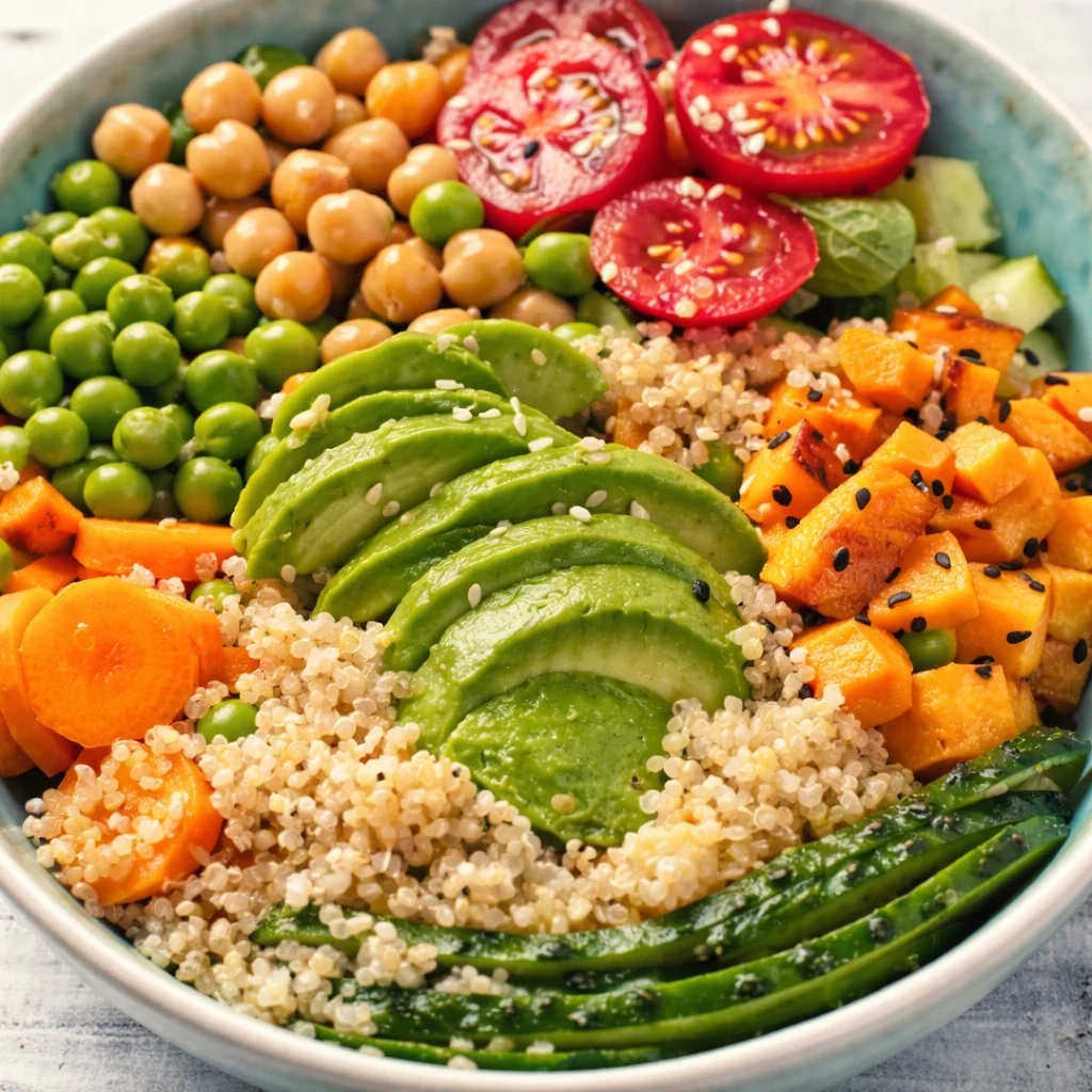 Colorful anti-inflammatory bowl filled with fresh vegetables and grains.