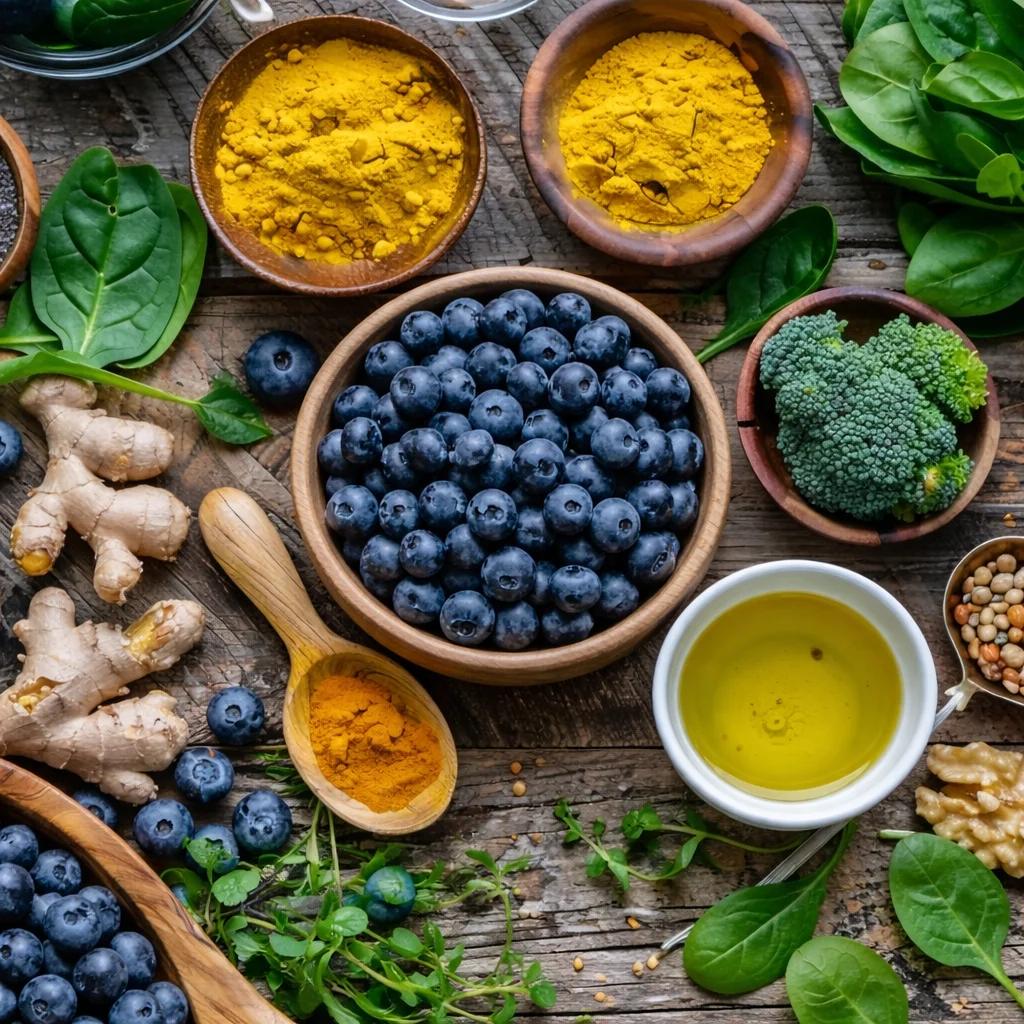 Healthy foods beneficial for an anti inflammatory diet to reduce chronic inflammation.