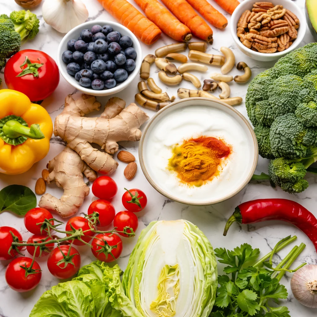 Healthy foods that support an anti-inflammatory diet for better gut health.