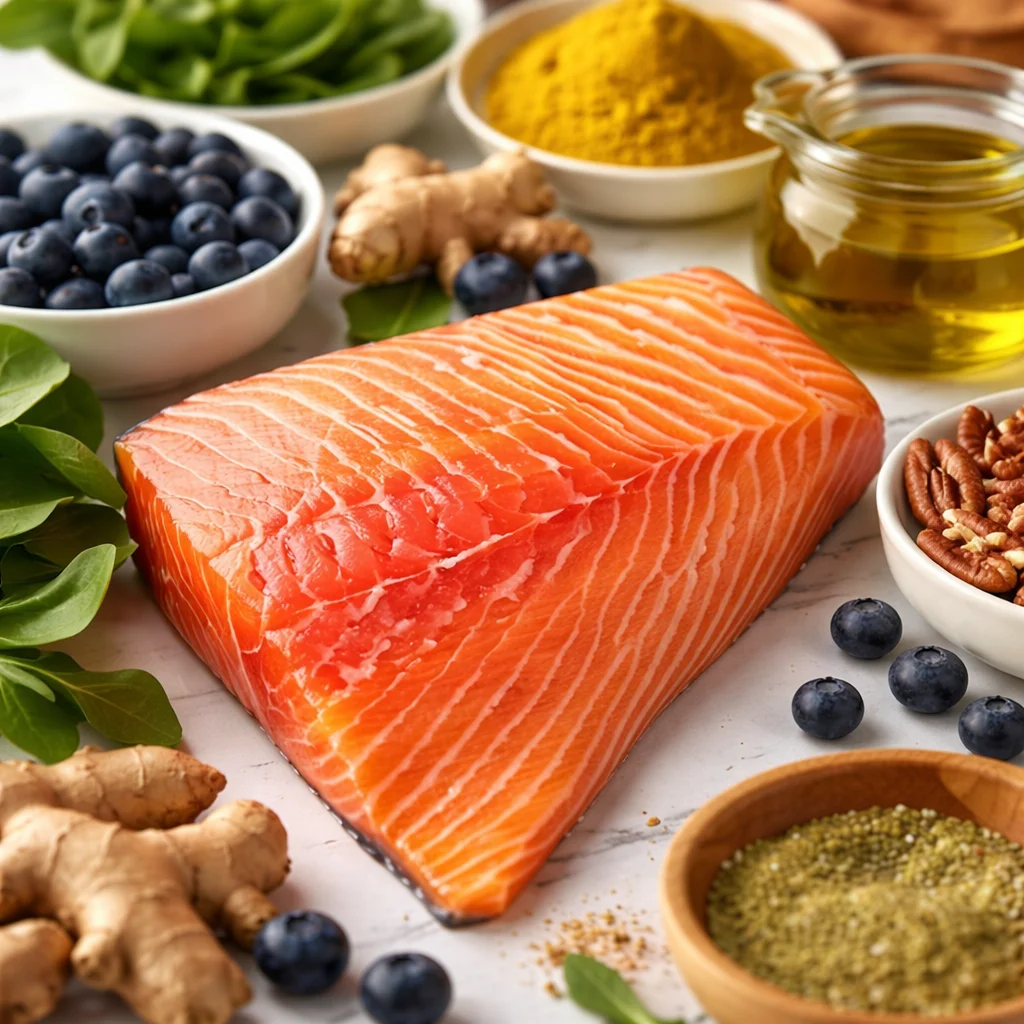 A colorful array of anti-inflammatory foods like fruits, vegetables, and fatty fish.