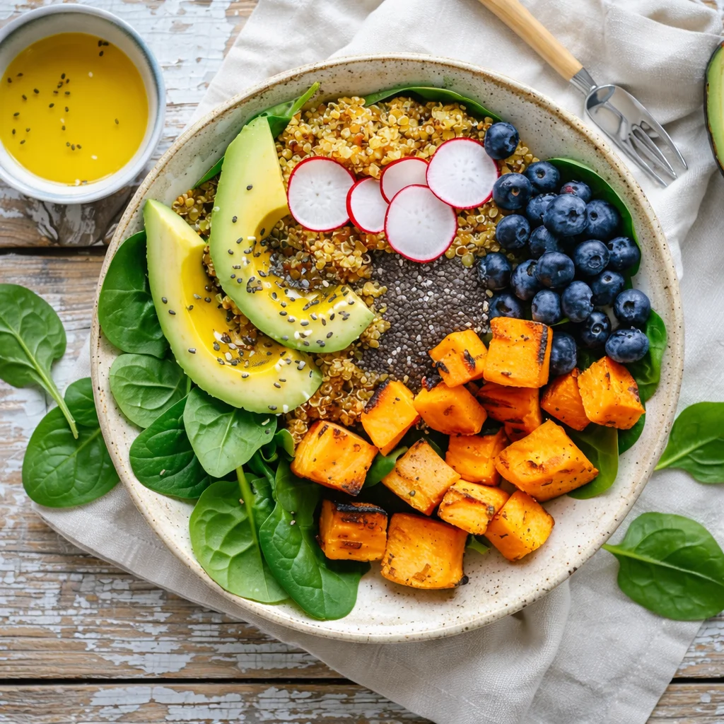 Tray of anti inflammatory foods for bloating including fruits, vegetables, and ginger root.