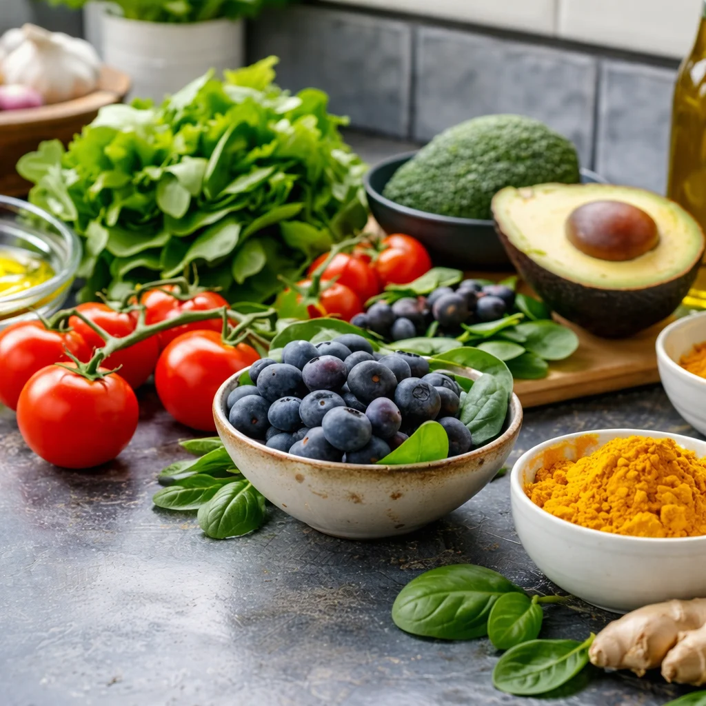 Anti-inflammatory grocery list featuring healthy foods like fruits and vegetables.