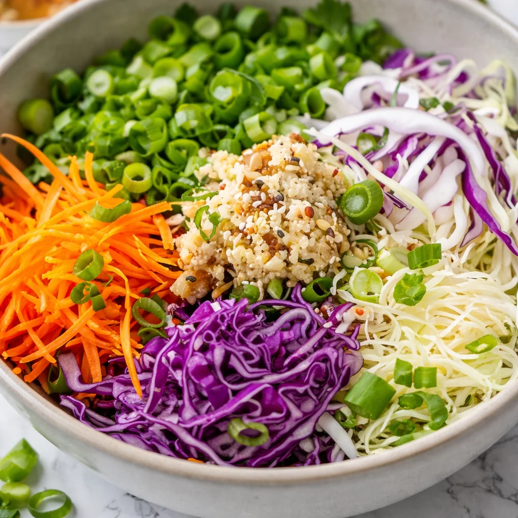 Delicious egg roll in a bowl with savory sauces and fresh ingredients.