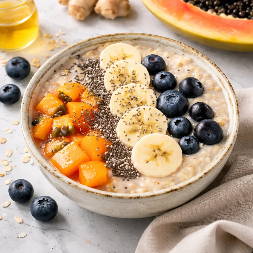 A healthy breakfast plate featuring fruits and whole grains for bloating relief.