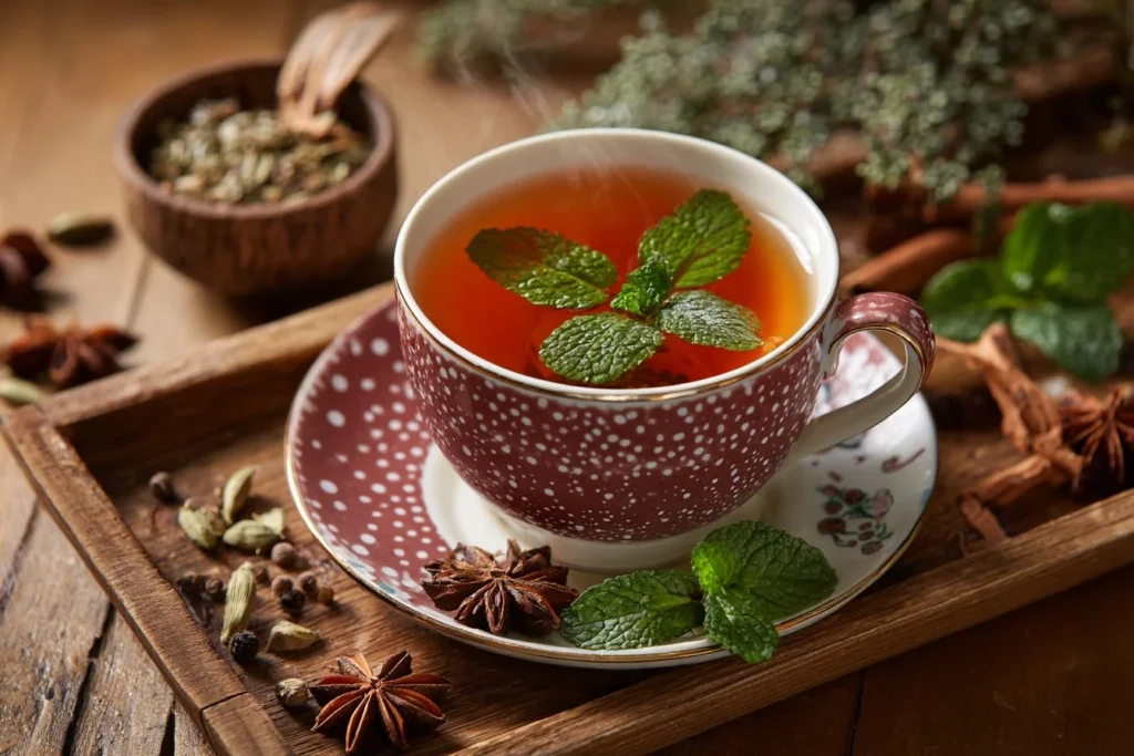A cup of cortisol tea with herbal ingredients to reduce stress and balance hormones.