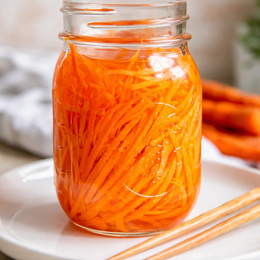 delicious-quick-pickled-carrots-your-easy-1-hour-2026-03-12-162038 Quick Pickled Carrots in a jar, showcasing their bright color and texture.