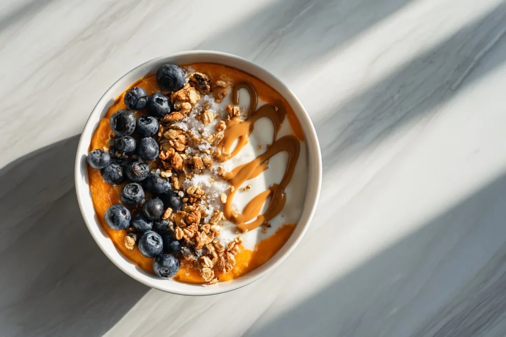 Delicious sweet potato breakfast bowl topped with fruits and nuts for a nutritious meal.