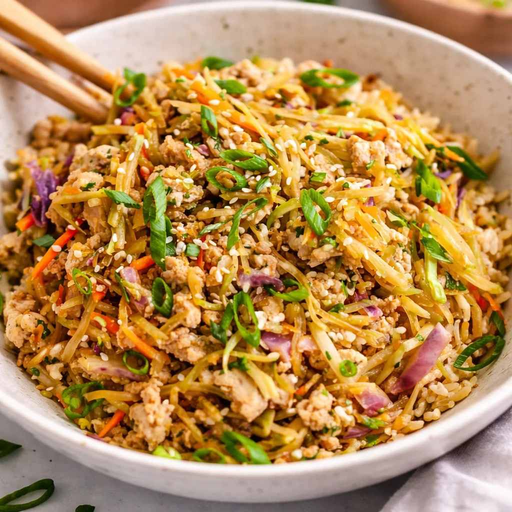 Delicious Chicken Egg Roll in a Bowl with fresh vegetables and ground chicken.