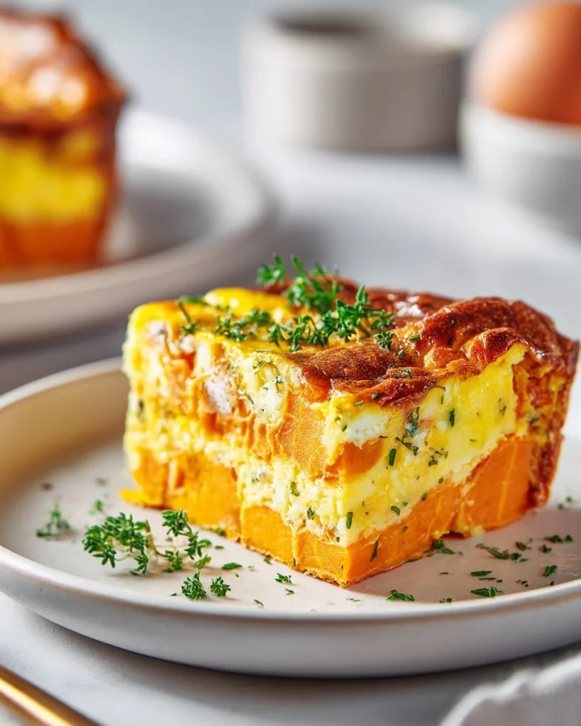 Delicious easy sweet potato egg casserole topped with herbs and spices