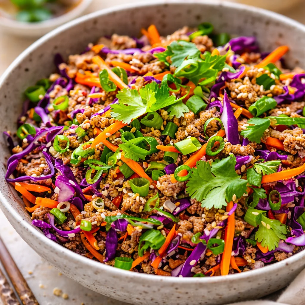 Healthy Egg Roll in a Bowl recipe packed with veggies and low calories.