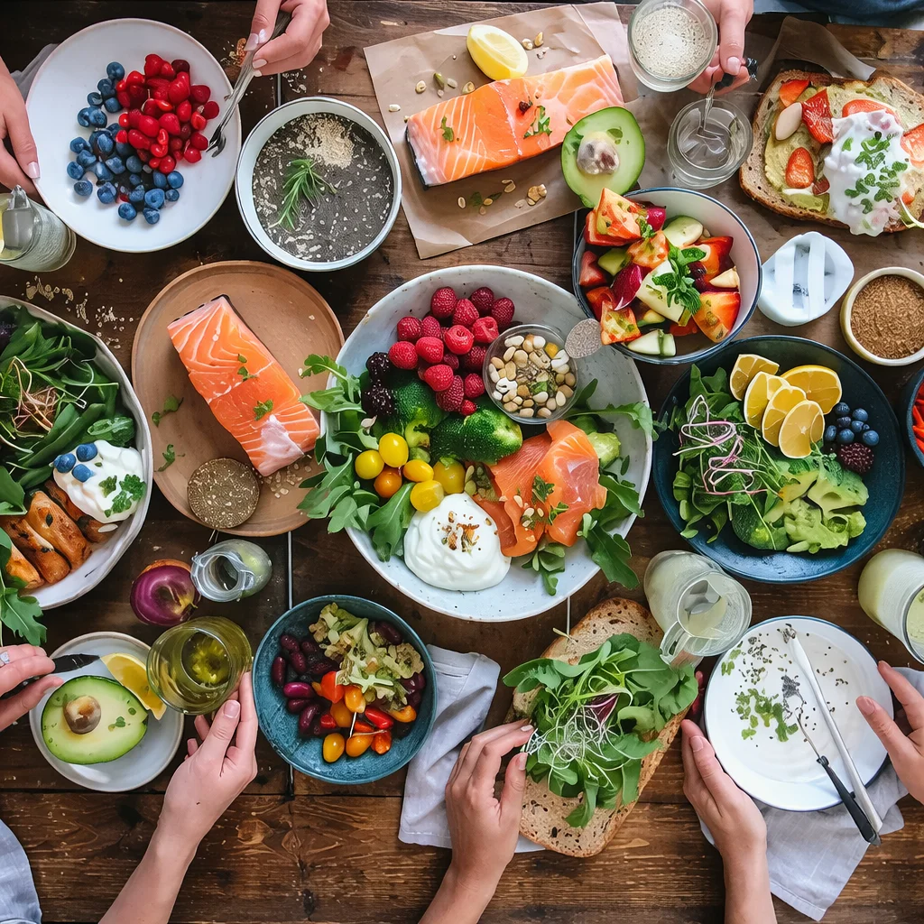 A colorful presentation of gut friendly foods promoting digestive health and wellness.