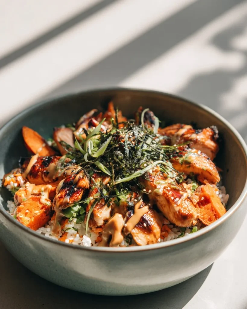Healthy chicken and sweet potato rice bowl with vegetables