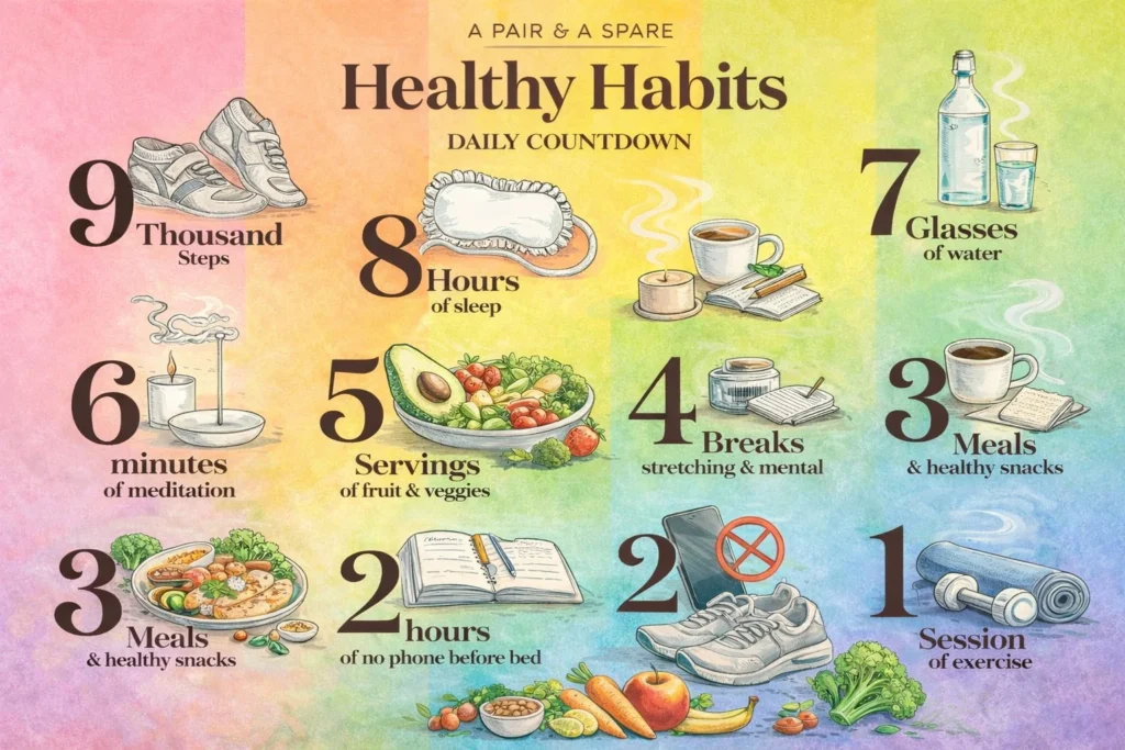 A person practicing healthy habits for a better lifestyle with fresh fruits and exercise.