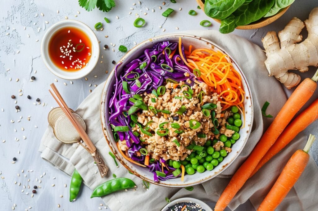 chicken egg roll bowl with cabbage and carrots