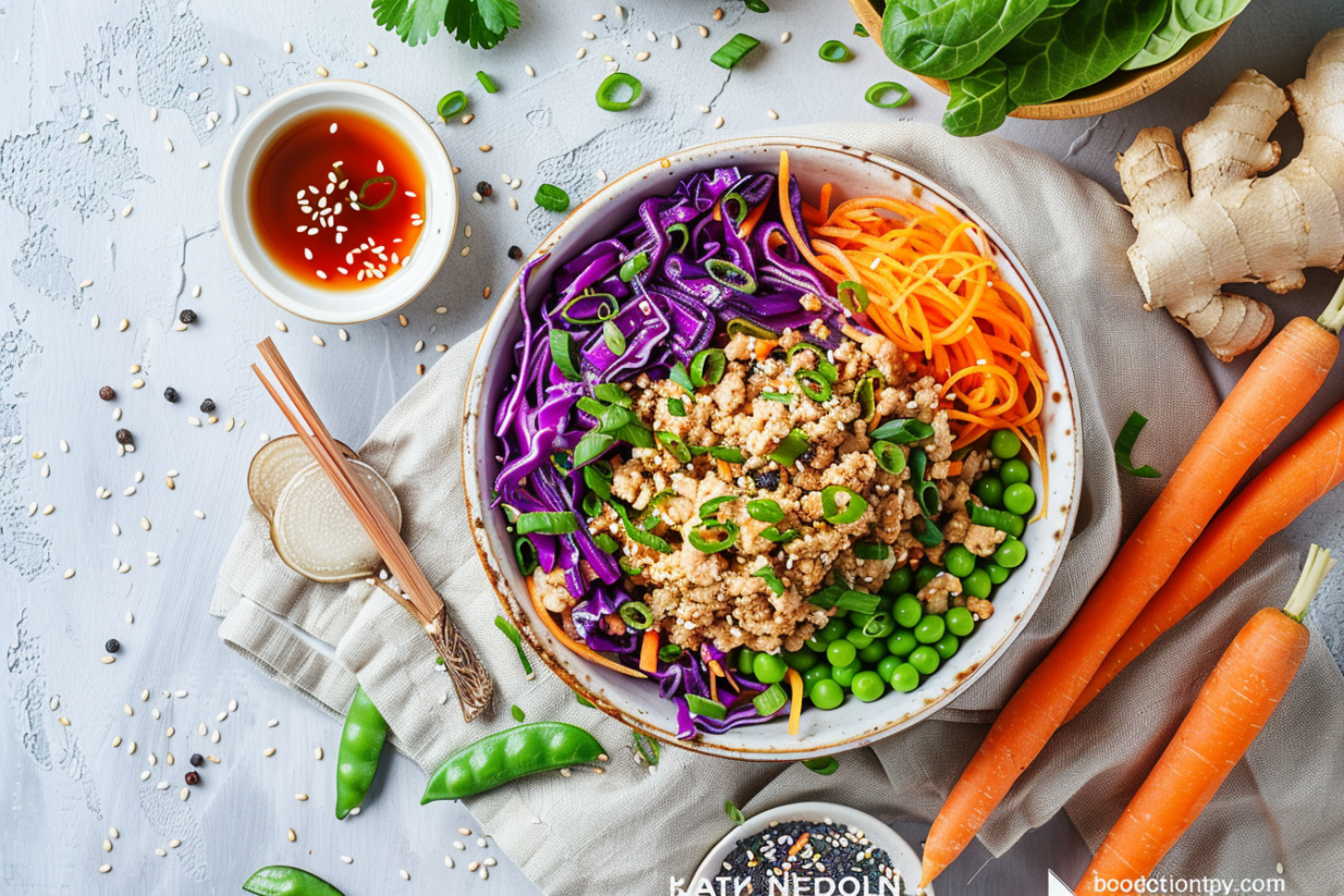 chicken egg roll bowl with cabbage and carrots