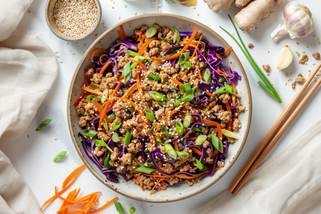 healthy egg roll bowl with ground turkey and cabbage