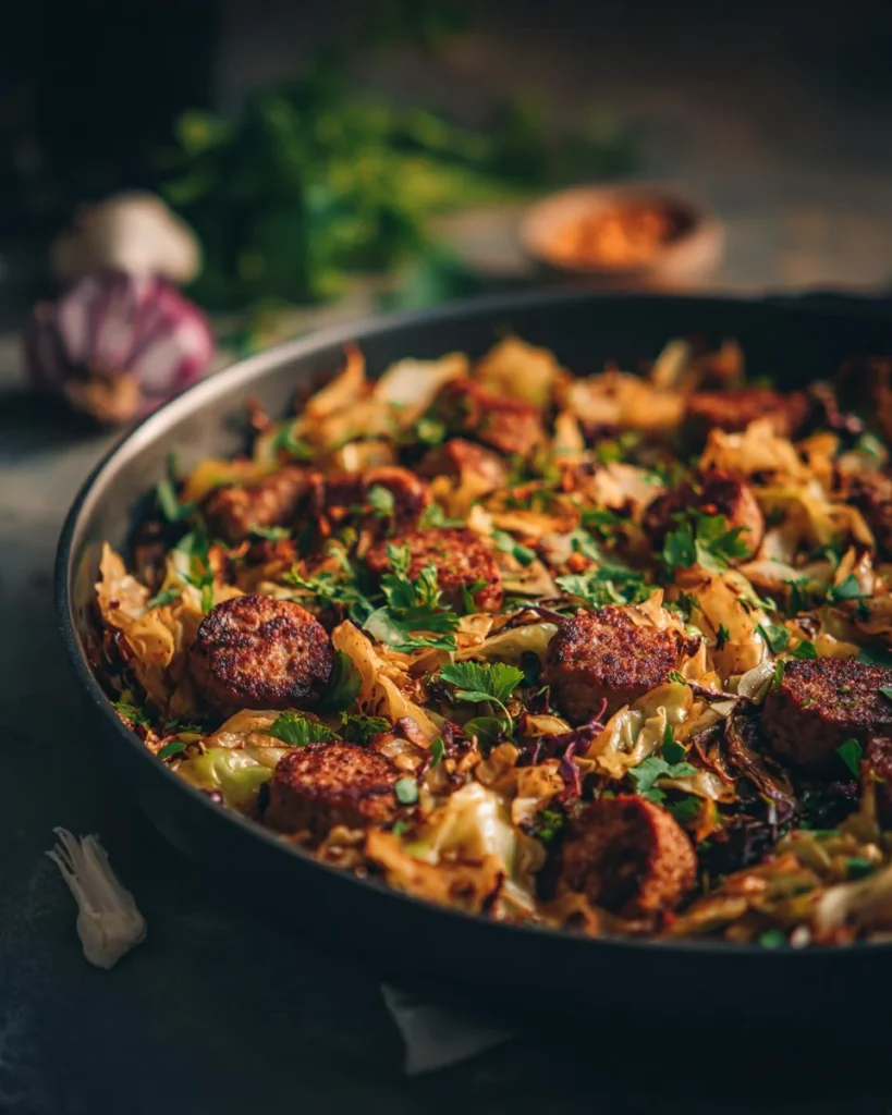 Delicious sausage and cabbage stir fry in a skillet, ready to serve.