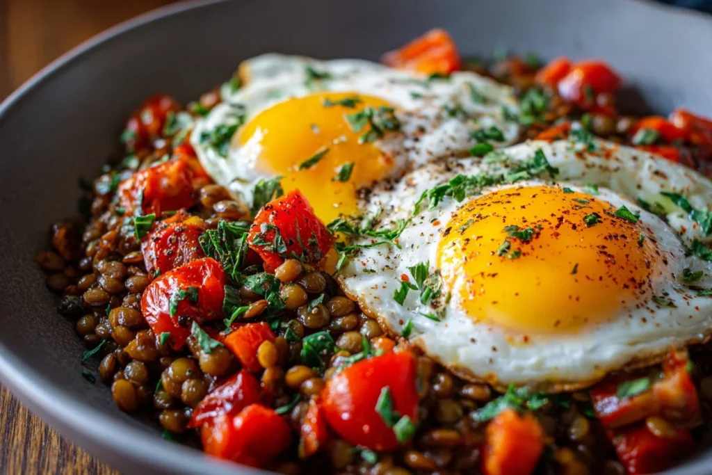 Savory lentil breakfast bowl topped with fresh vegetables and herbs.