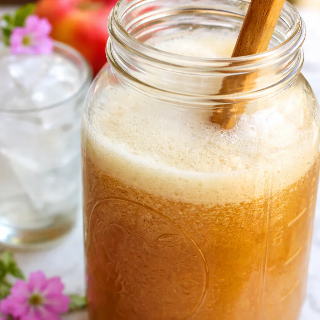 Refreshing Peach Switchel drink with apple cider vinegar and ginger on ice