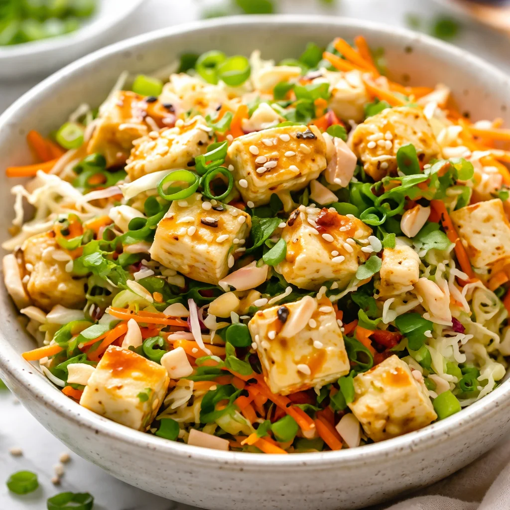 Vegan egg roll in a bowl with colorful veggies and crispy tofu